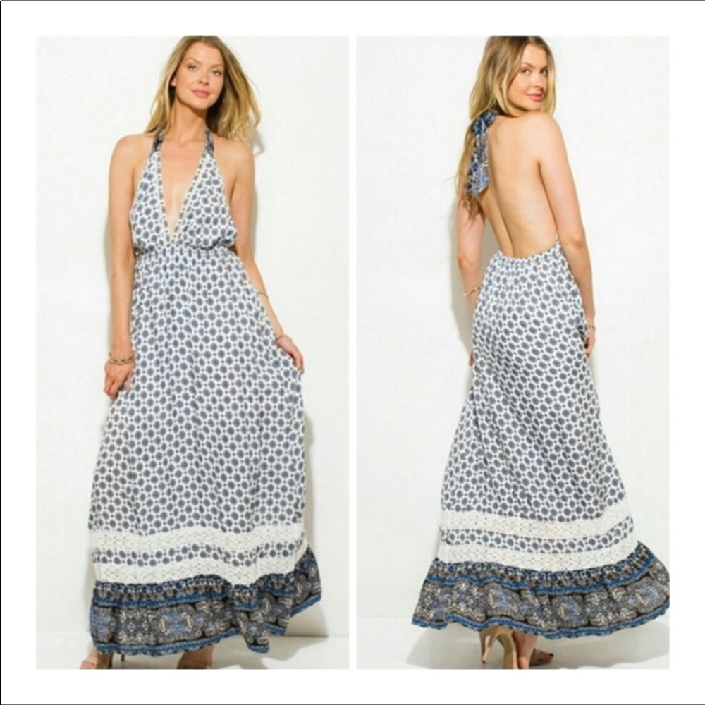 Blue deep v cut maxi dress